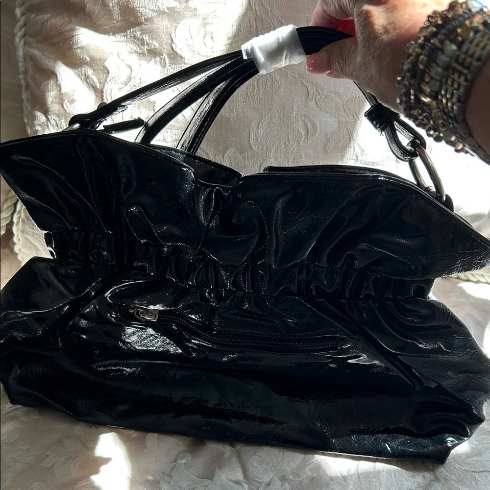Chic Black Women's Shoulder Bag with Floral & Crystal Accent